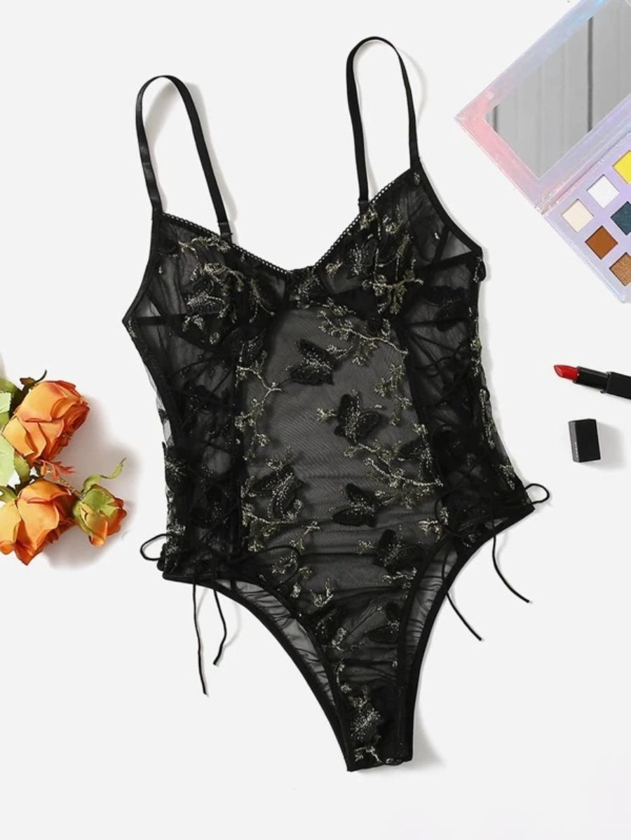 Embroidered Mesh Lace Up Teddy Bodysuit