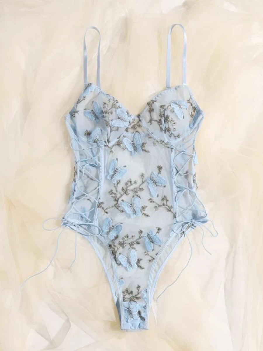 Embroidered Mesh Lace Up Teddy Bodysuit Blue