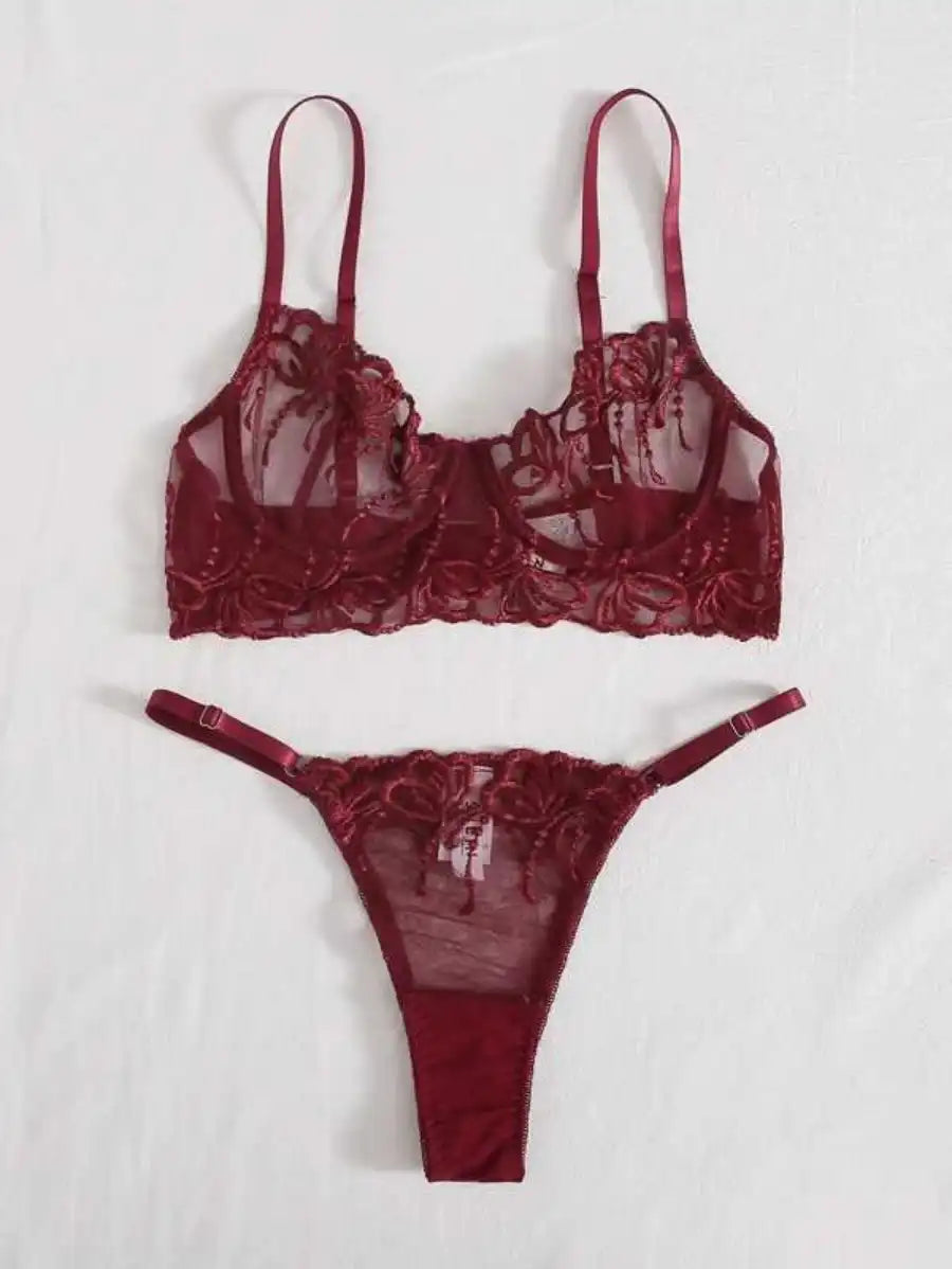 Embroidered Mesh Underwire Lingerie Set