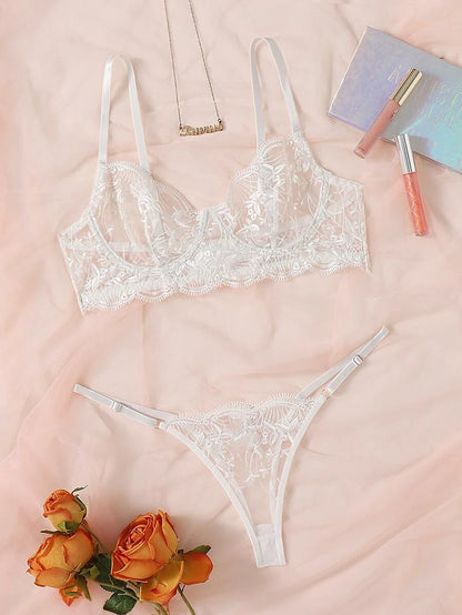 Embroidered Mesh Underwire Lingerie Set