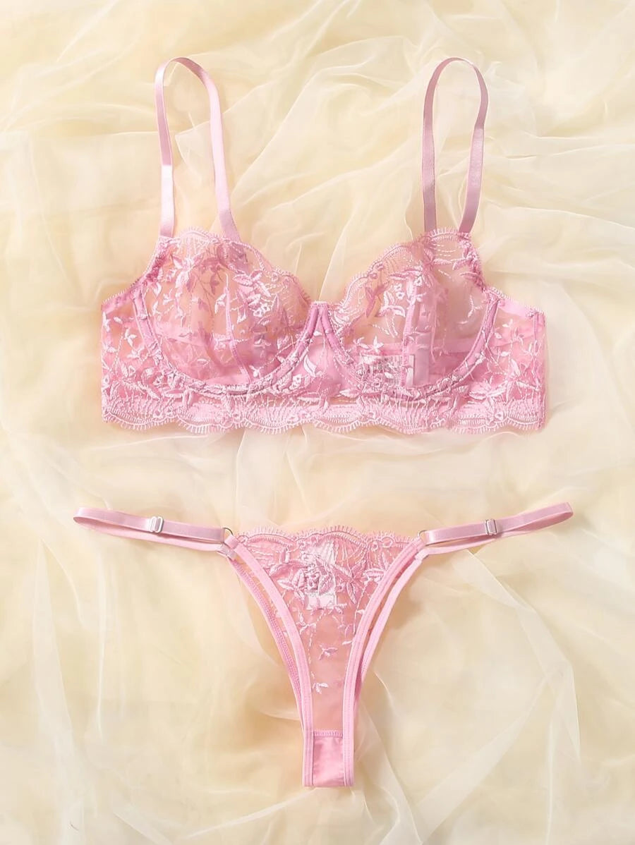 Embroidered Mesh Underwire Lingerie Set Pink