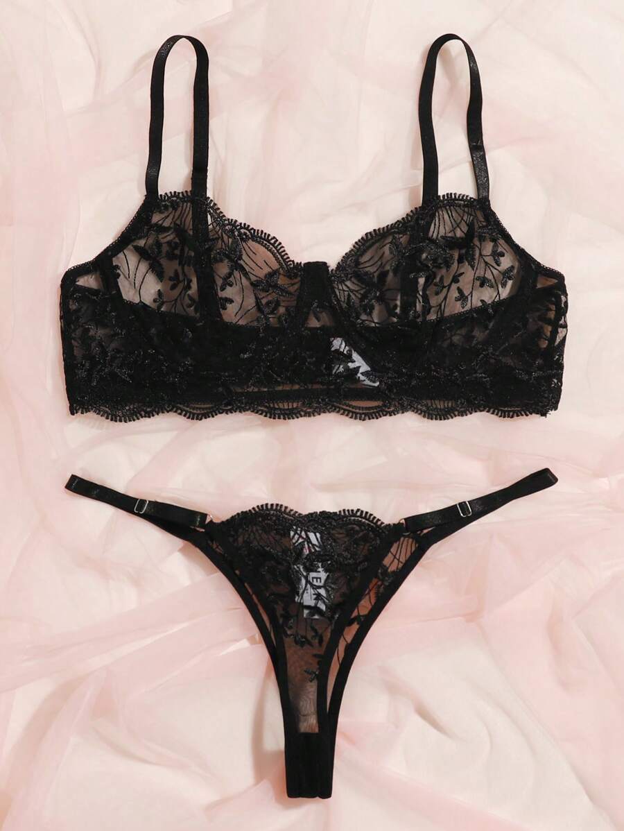 Embroidered Mesh Underwire Lingerie Set