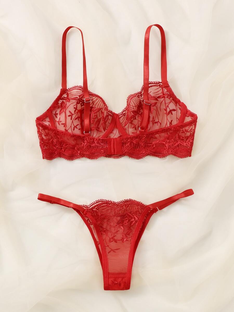 Embroidered Mesh Underwire Lingerie Set Red