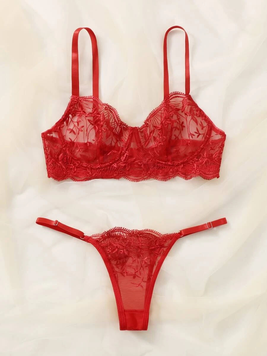 Embroidered Mesh Underwire Lingerie Set