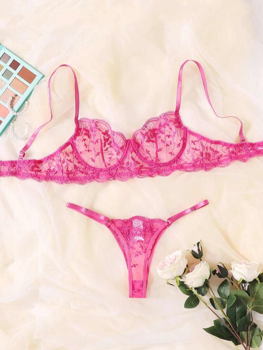 Embroidered Mesh Underwire Lingerie Set Dark Pink