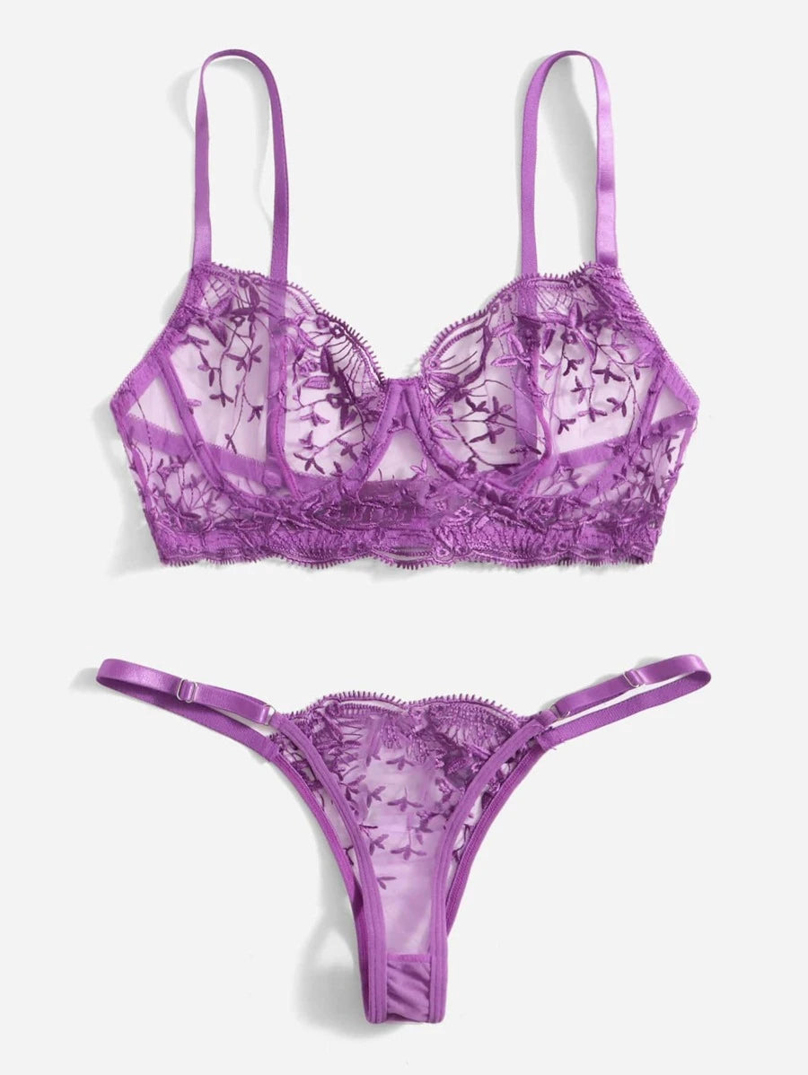 Embroidered Mesh Underwire Lingerie Set