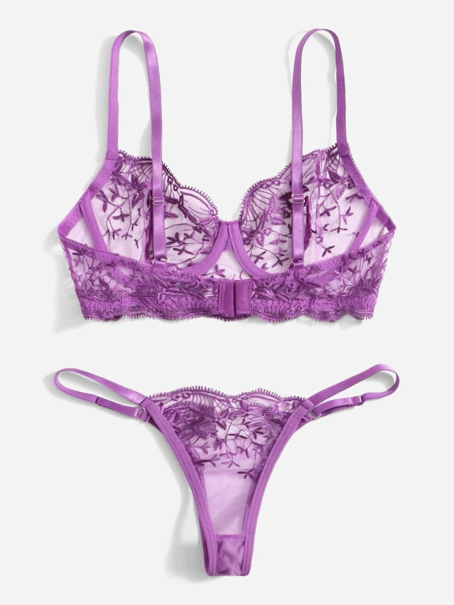 Embroidered Mesh Underwire Lingerie Set