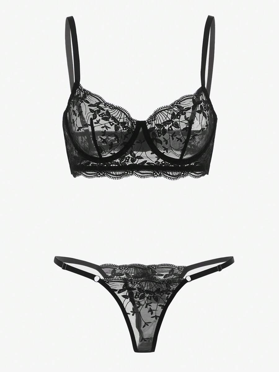 Embroidered Mesh Underwire Lingerie Set