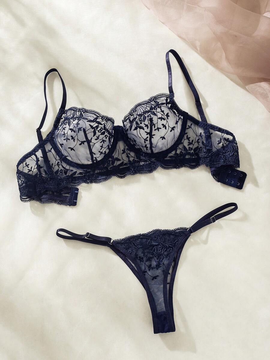 Embroidered Mesh Underwire Lingerie Set Dark Blue