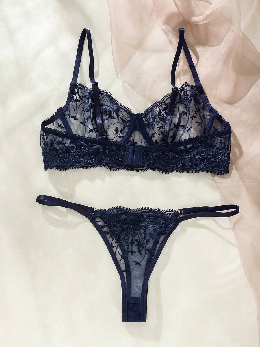 Embroidered Mesh Underwire Lingerie Set