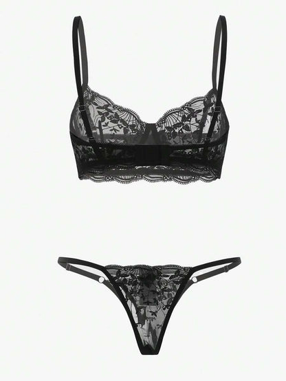 Embroidered Mesh Underwire Lingerie Set