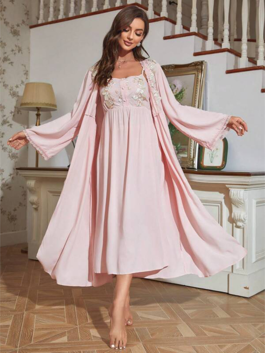 Embroidery Flounce Sleeve Robe And Cami Dress Set