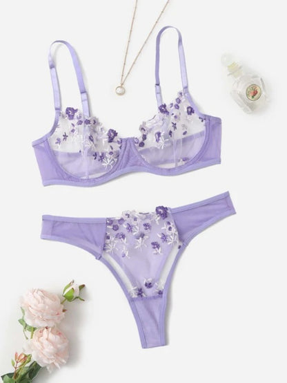 Embroidery Mesh Lingerie Set Light Purple