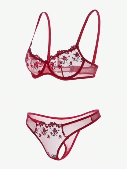 Embroidery Mesh Lingerie Set