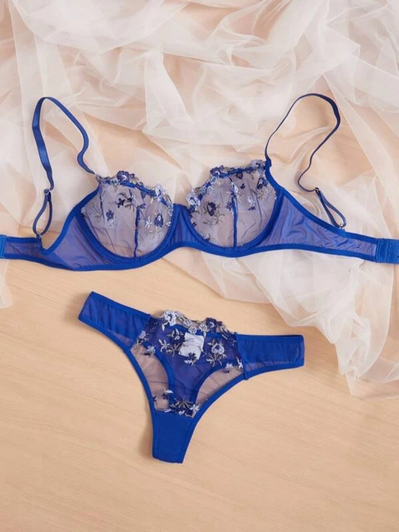 Embroidery Mesh Lingerie Set Blue