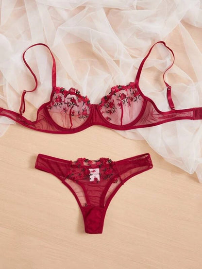 Embroidery Mesh Lingerie Set Red