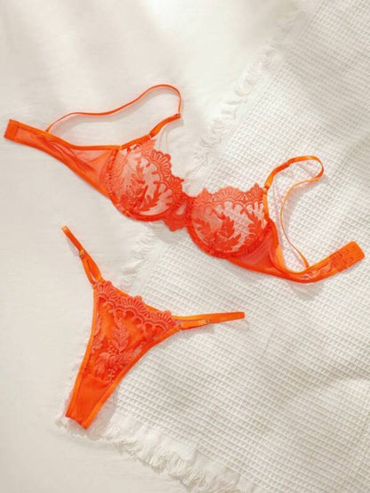 Embroidery Sheer Mesh Underwire Lingerie Set Orange