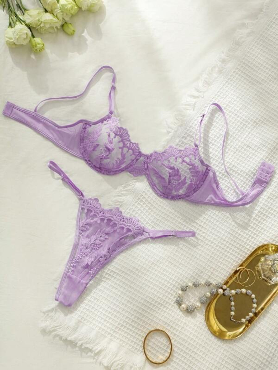 Embroidery Sheer Mesh Underwire Lingerie Set Purple