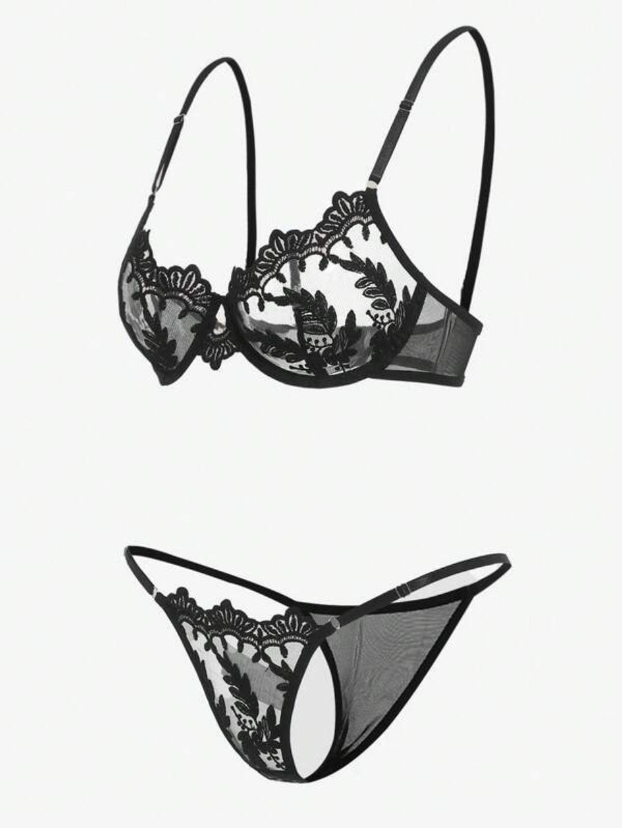 Embroidery Sheer Mesh Underwire Lingerie Set