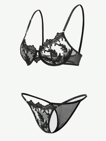 Embroidery Sheer Mesh Underwire Lingerie Set