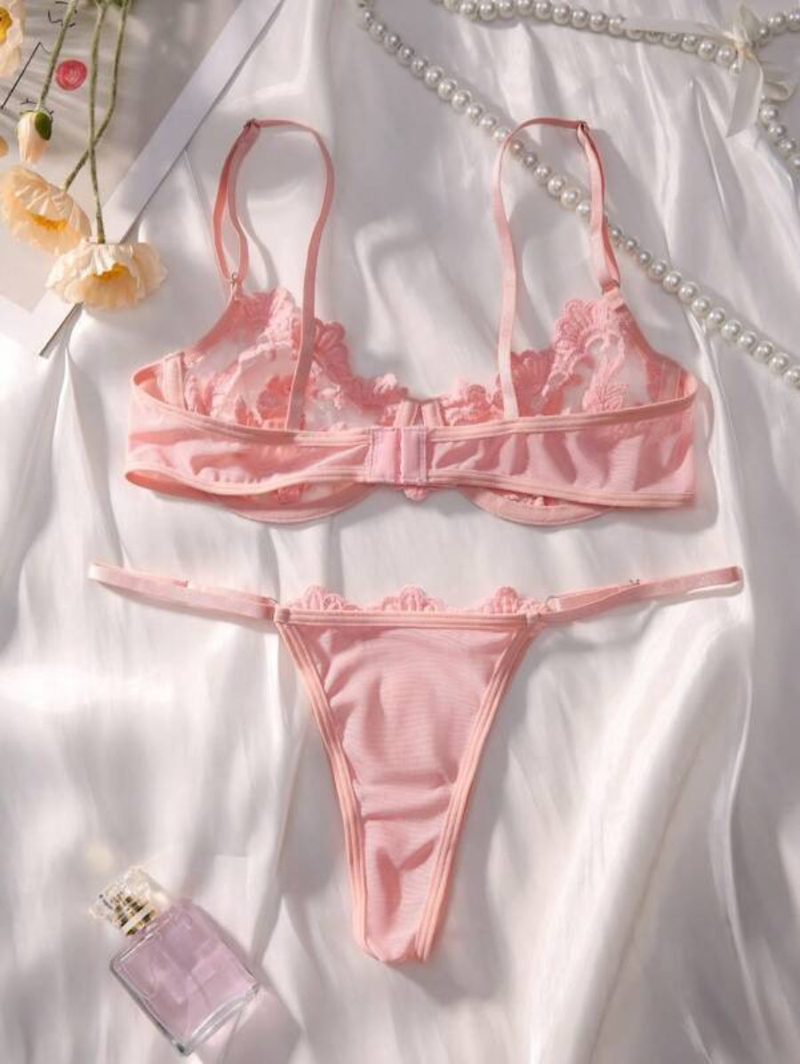 Embroidery Sheer Mesh Underwire Lingerie Set