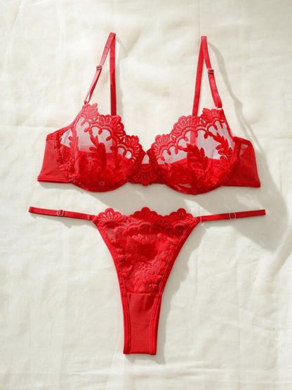 Embroidery Sheer Mesh Underwire Lingerie Set Red