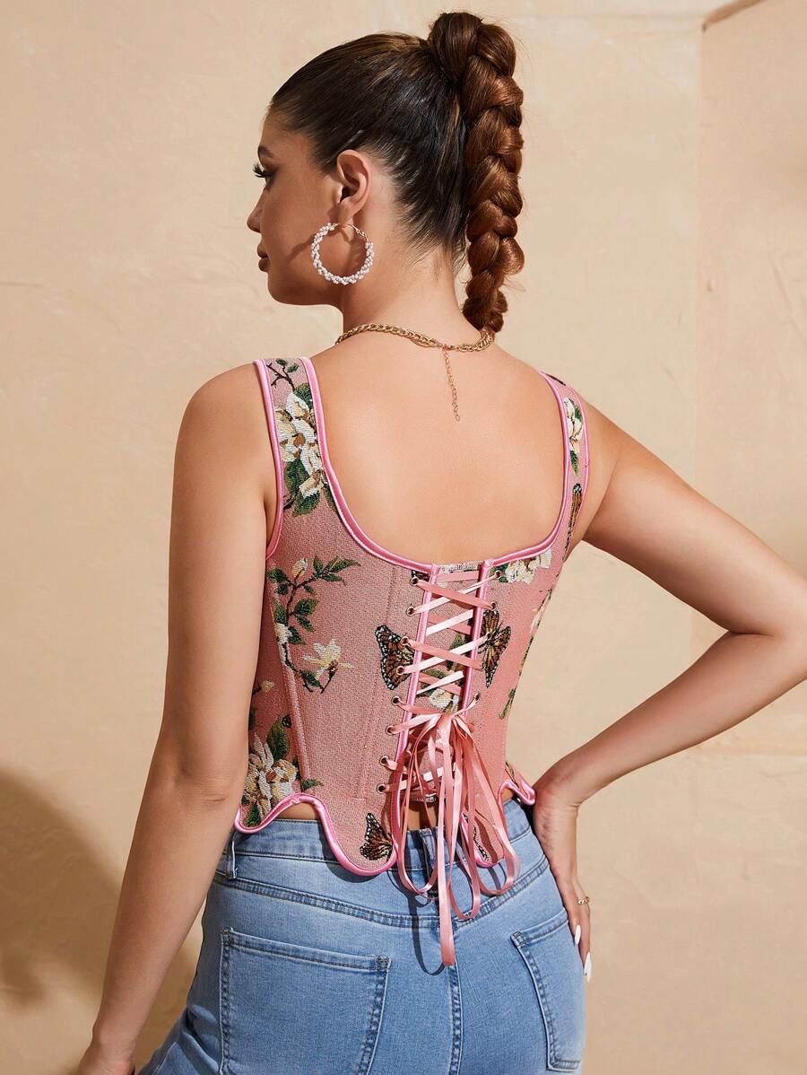 Floral And Butterfly Print Lace Up Corset Top