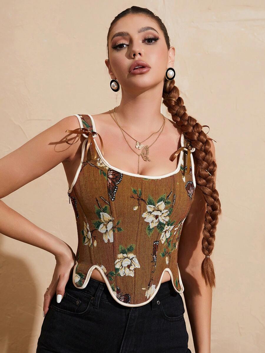 Floral And Butterfly Print Lace Up Corset Top Brown