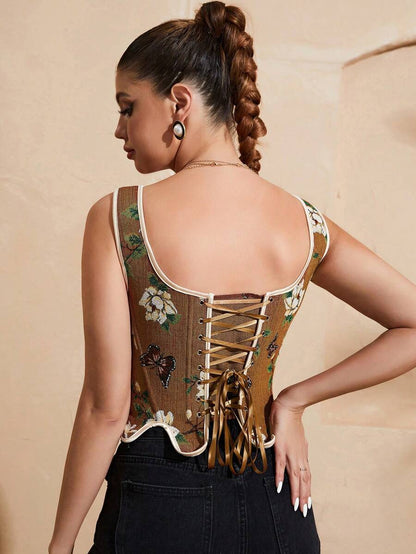 Floral And Butterfly Print Lace Up Corset Top