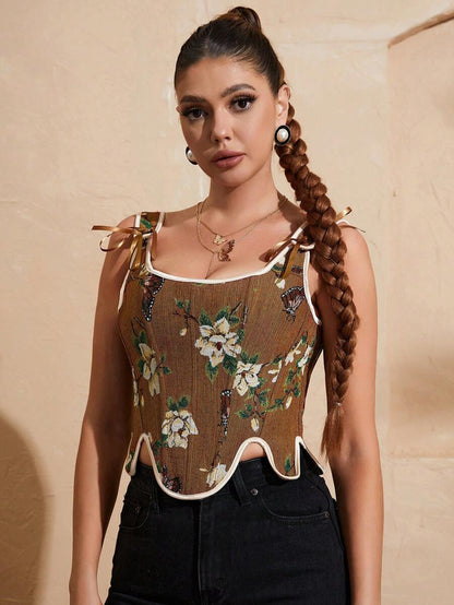 Floral And Butterfly Print Lace Up Corset Top