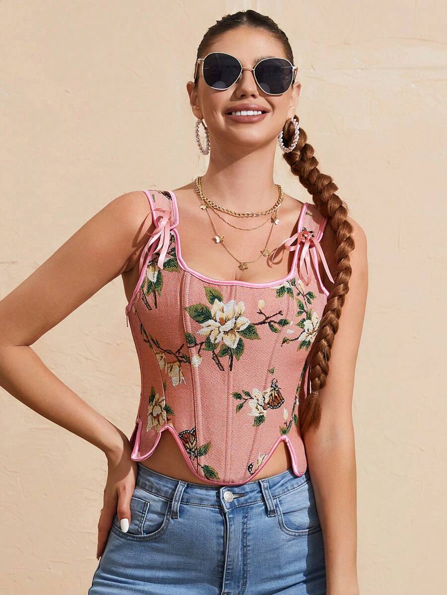 Floral And Butterfly Print Lace Up Corset Top