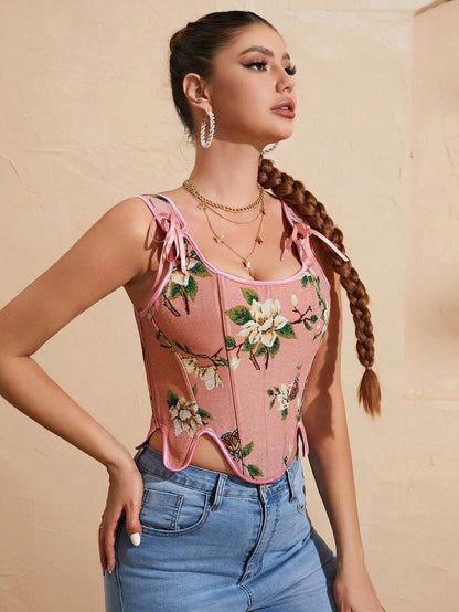 Floral And Butterfly Print Lace Up Corset Top