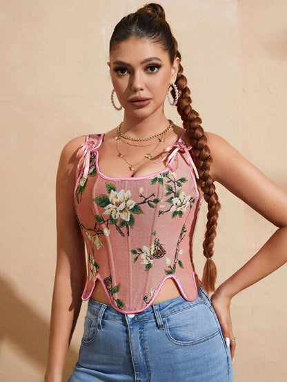 Floral And Butterfly Print Lace Up Corset Top