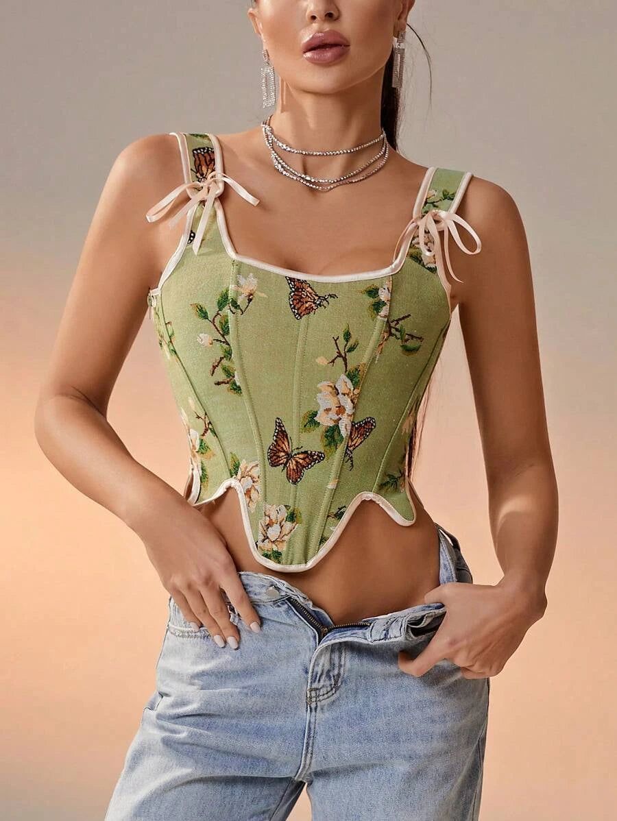 Floral And Butterfly Print Lace Up Corset Top