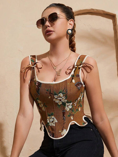 Floral And Butterfly Print Lace Up Corset Top