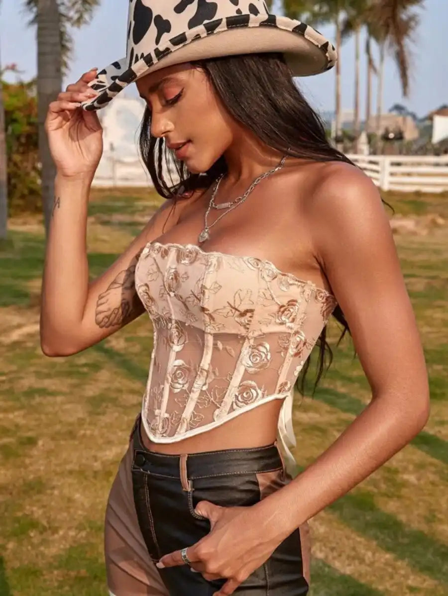 Floral Embroidery Bandana Hem Grommet Corset Tube Top