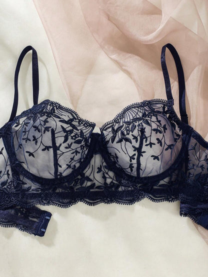 Floral Embroidery Underwire Bralettes Lingerie Set