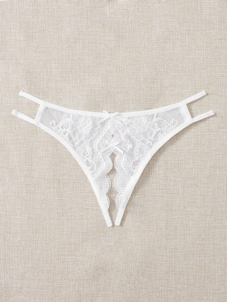 Floral Lace Bow Crotchless Panty White