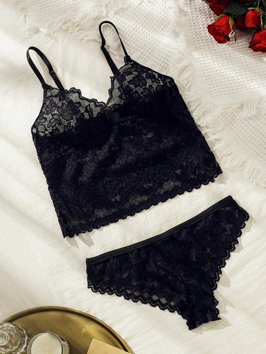 Floral Lace Longline Lingerie Set Black