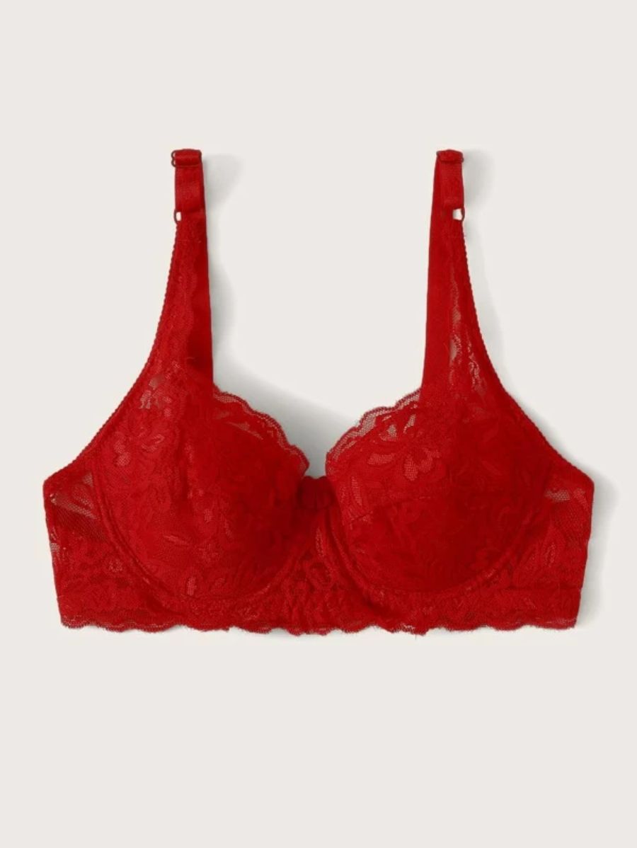 Floral Lace Pattern Underwire Bra Red