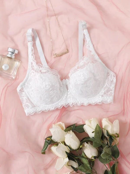 Floral Lace Pattern Underwire Bra White