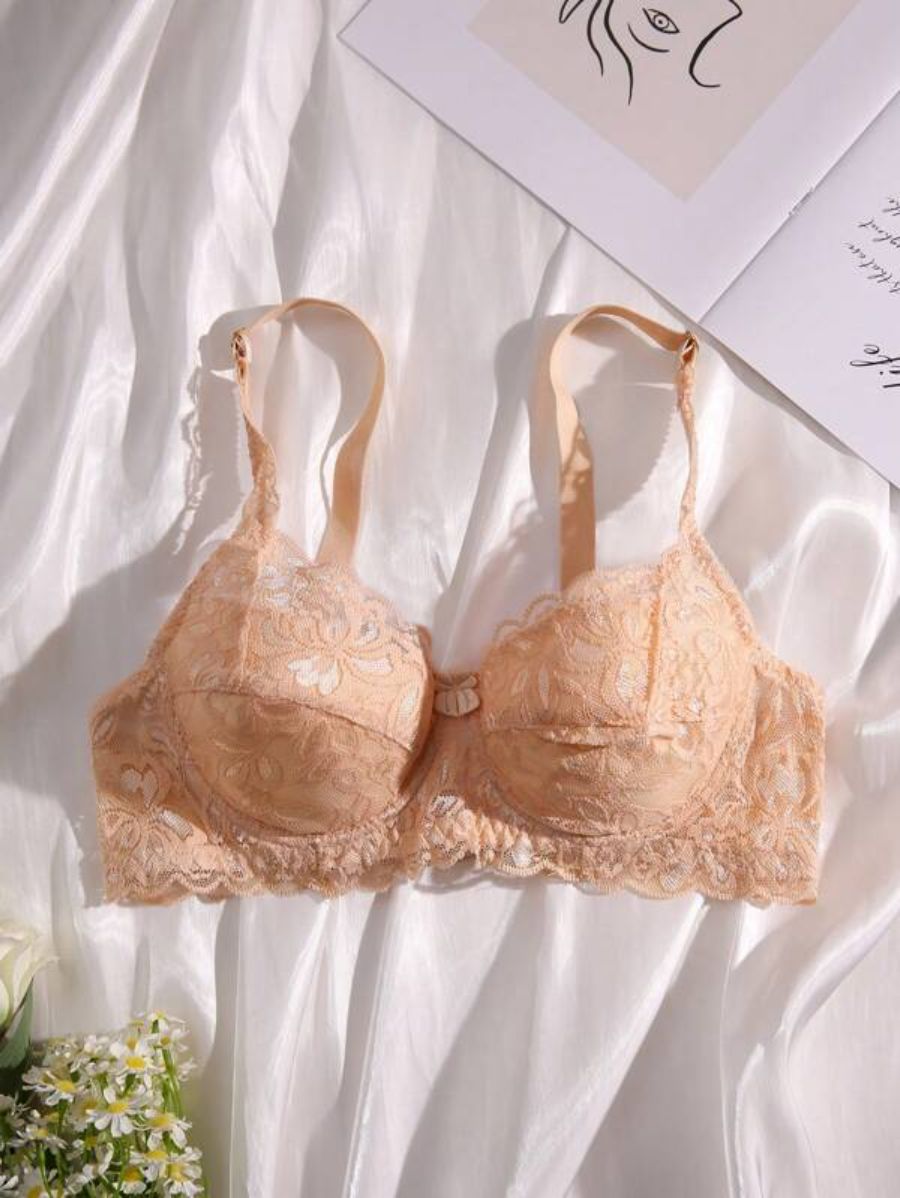 Floral Lace Pattern Underwire Bra Beige