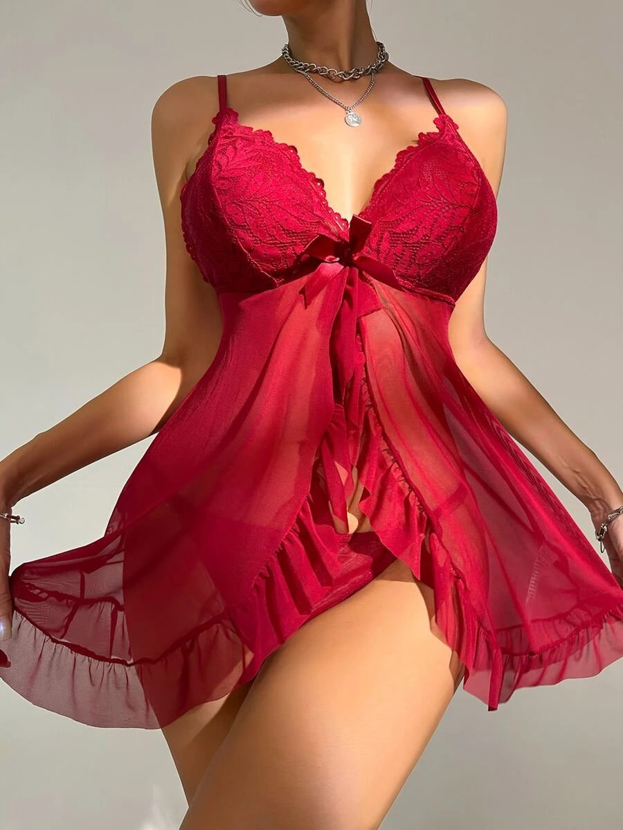 Floral Lace Ruffle Hem Slips With Thong Red