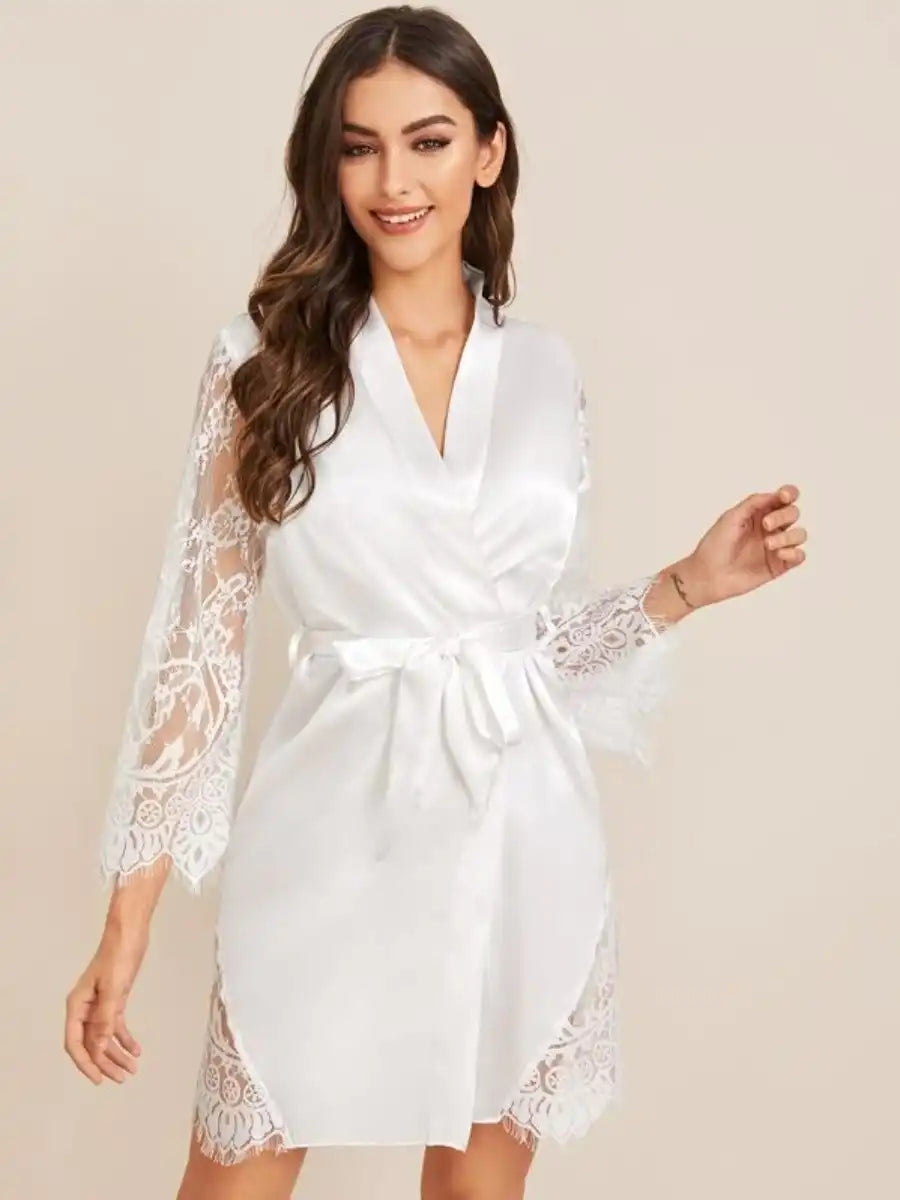 Floral Lace Satin Belted Robe L