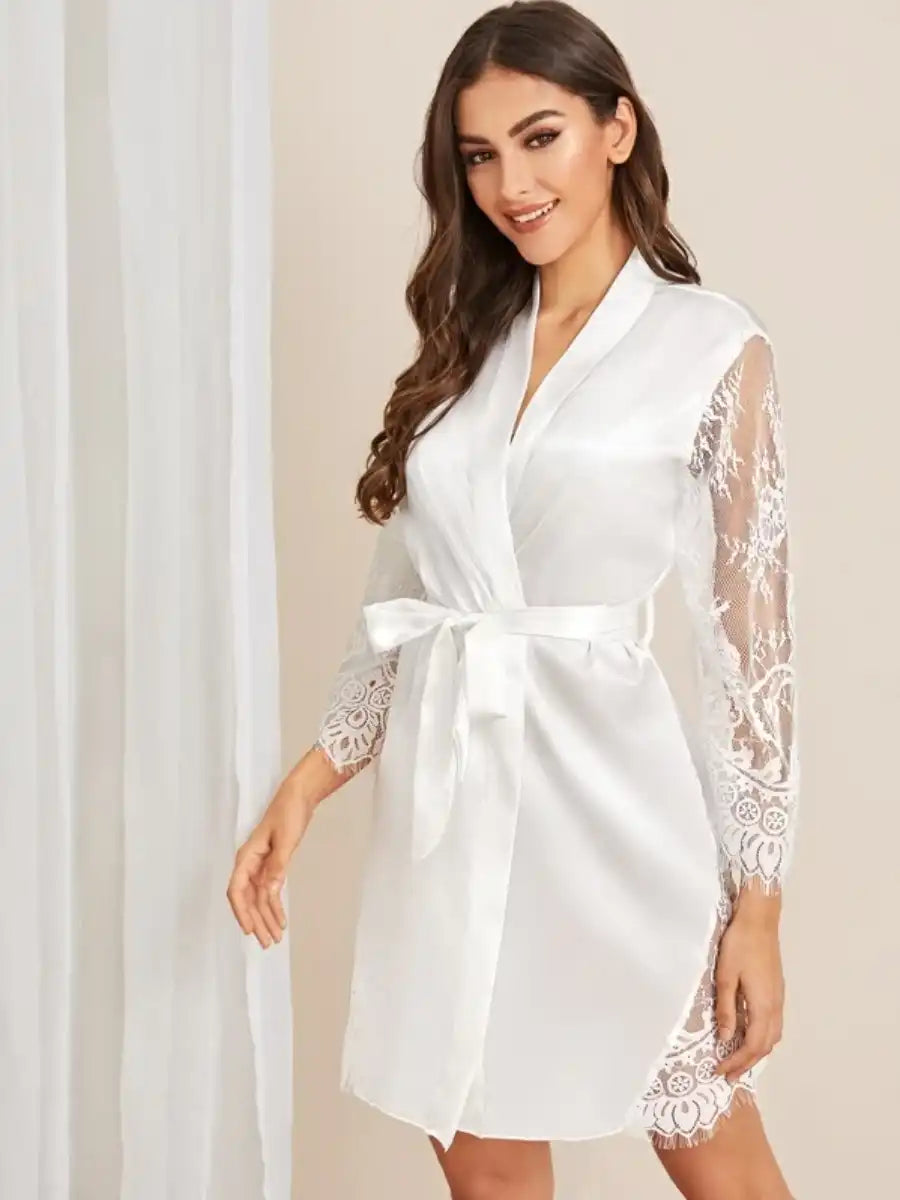 Floral Lace Satin Belted Robe