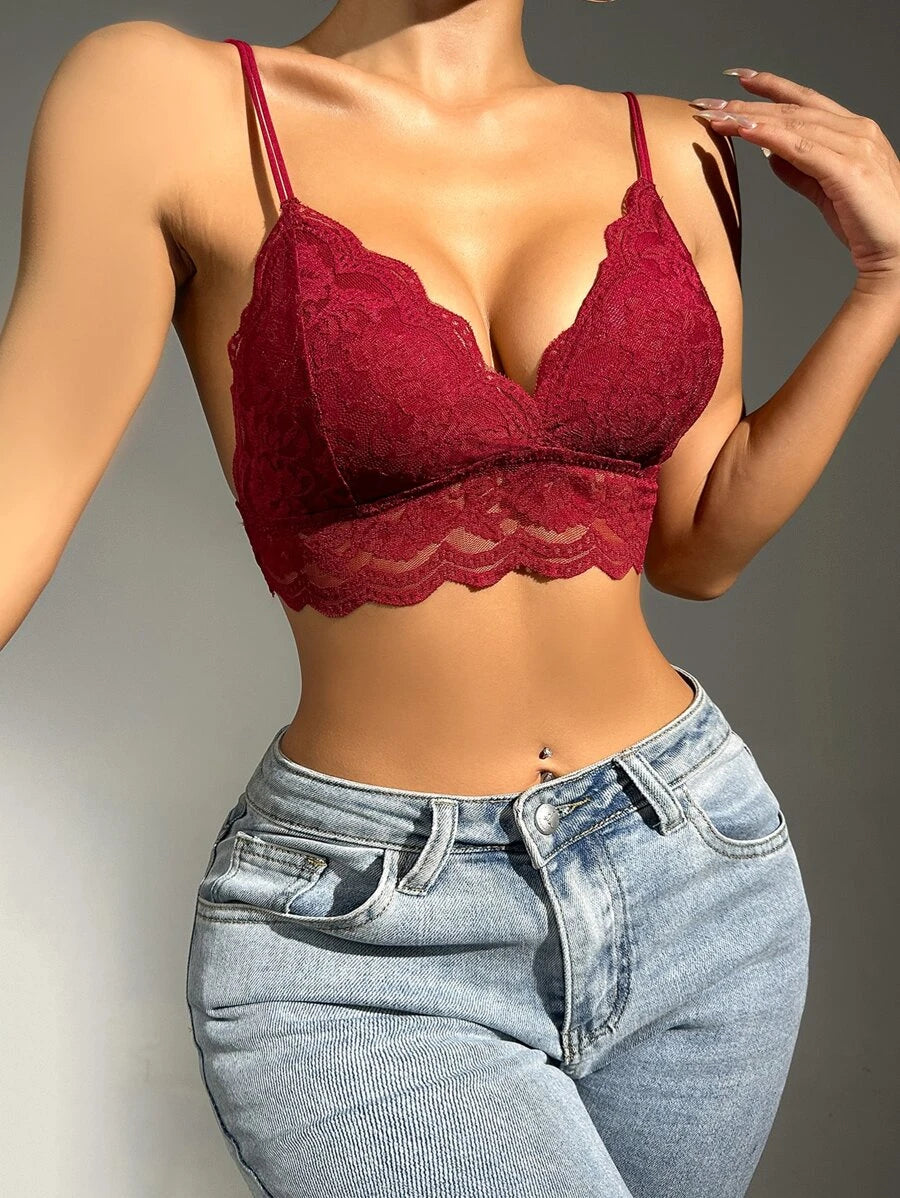 Floral Lace Scallop Trim Bralette Maroon