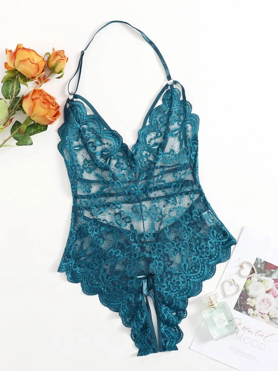 Floral Lace Scalloped Crotchless Teddy Bodysuit