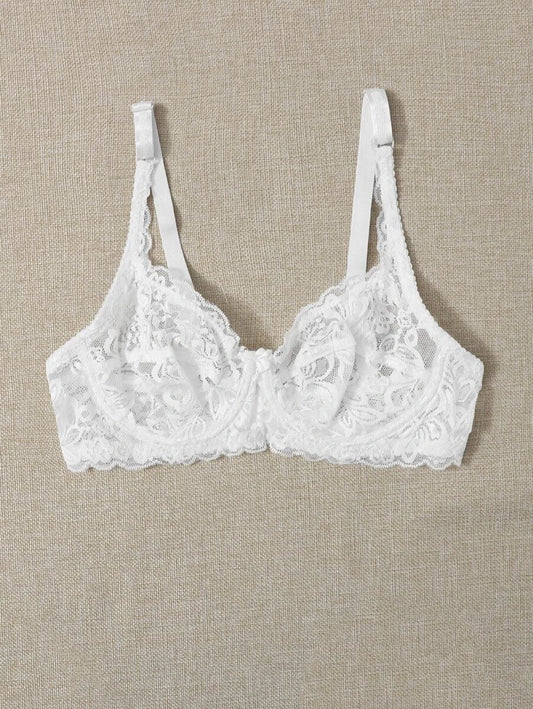 Floral Lace Sheer Underwire Bra White