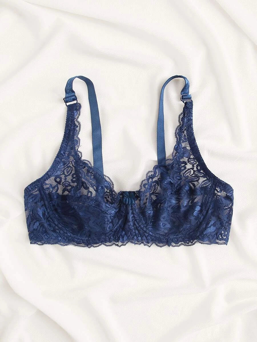 Floral Lace Sheer Underwire Bra Blue