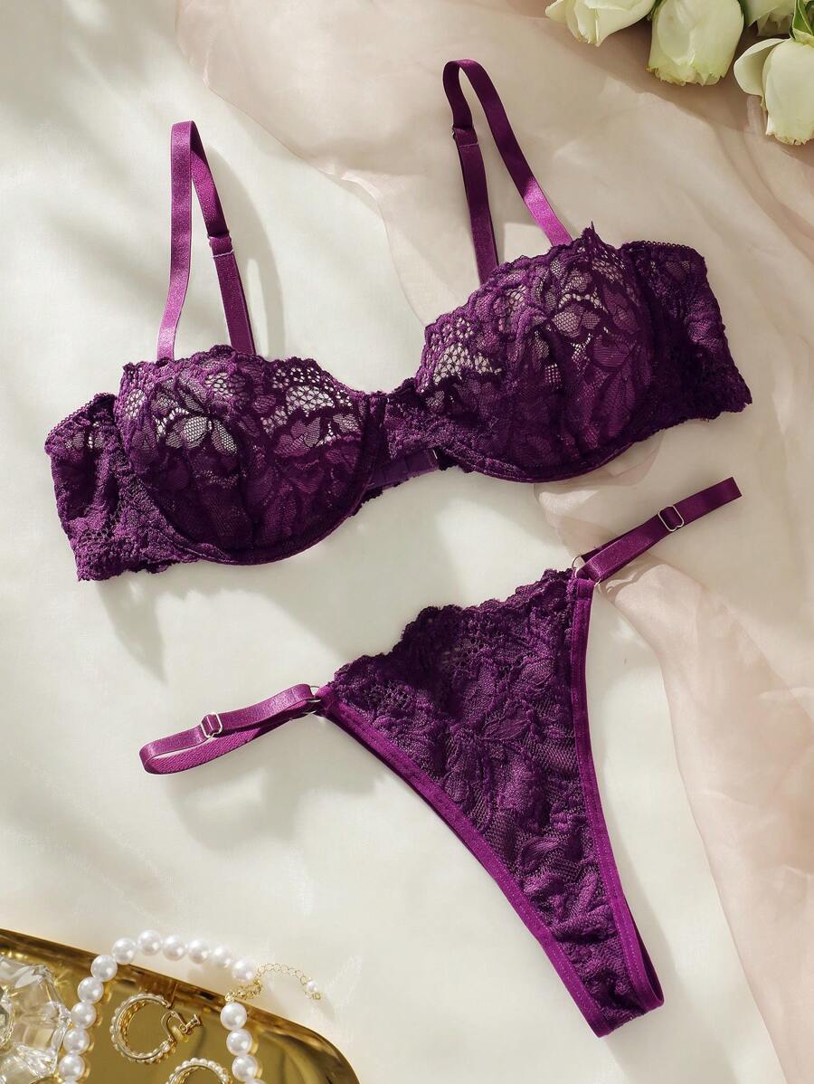 Floral Lace Underwire Thongs Lingerie Set Purple